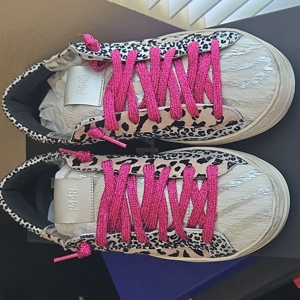 NEW P448 John Sneaker Silver Leopard Print Pink Laces Box Italy - 37 (6.5 - 7) - Picture 10 of 14